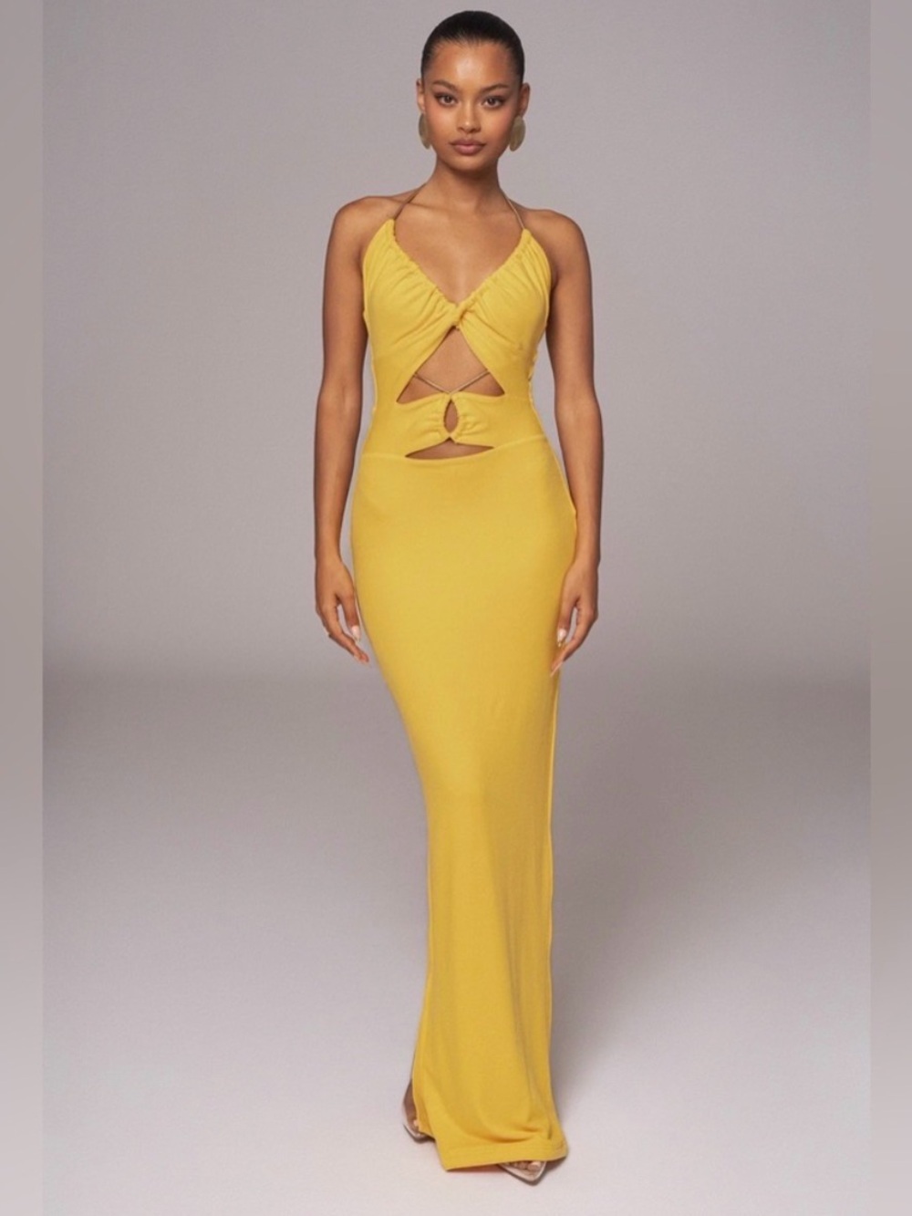Elegant Yellow Cutout Halter Evening Dress
